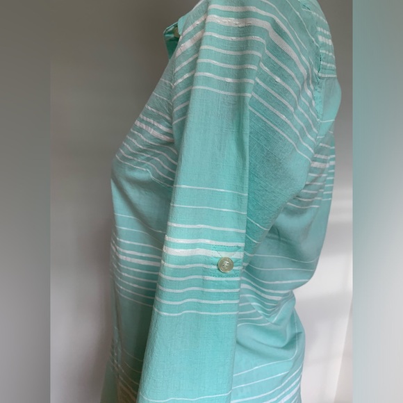 Vineyard Vines Women's Sz 0 Cotton Blend Striped Popover Teal Roll Tab - Picture 7 of 8